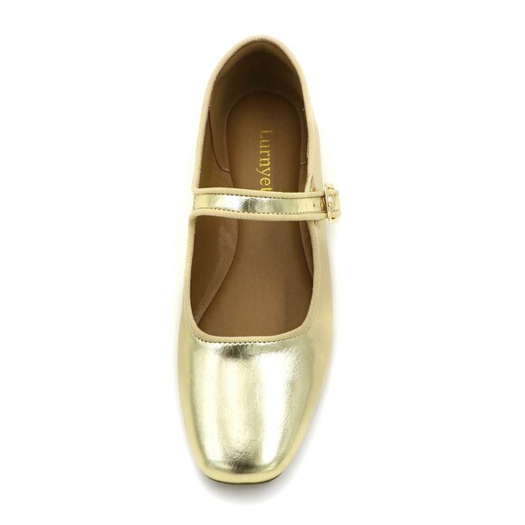 Gold Cushioned Insole Classic Mary Jane Ballet Flat Adjustable Ankle Strap - Picture 8 of 11